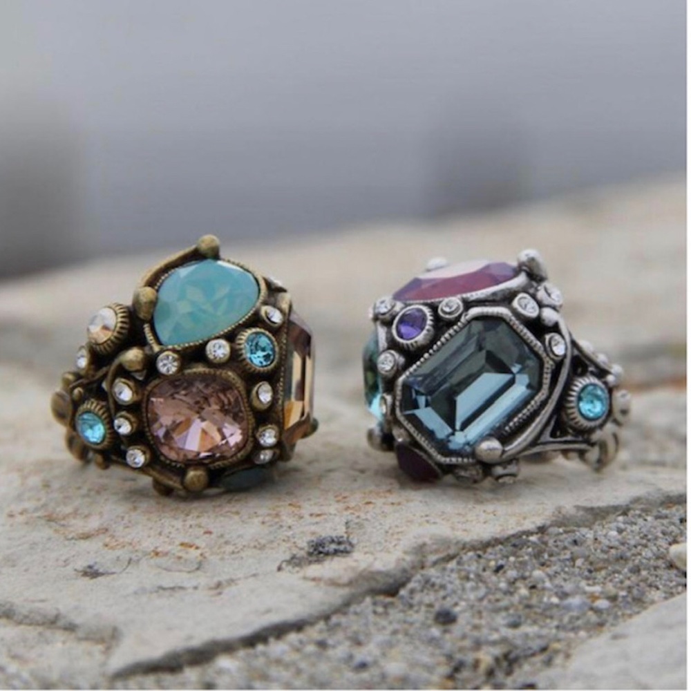 Crystal Pastel Deco Ring in Antiqued Gold- adjustable